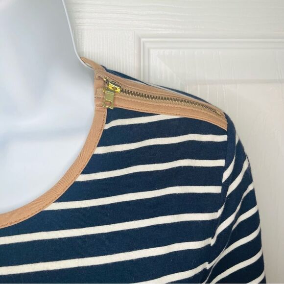 Nautica Striped Womens Long Sleeve Top Zipper Shoulders Tan Trim Navy White M - Picture 4 of 10